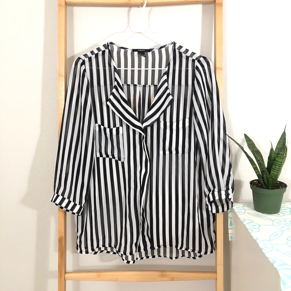 Forever 21 sheer black and white stripes blouse